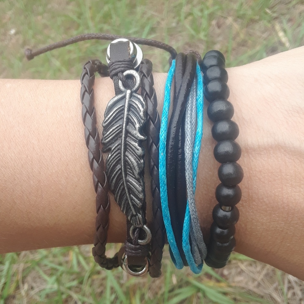 Feather charm multi layer bracelet set